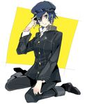  androgynous bad_id bad_pixiv_id black_eyes blue_hair breasts cabbie_hat crossdressing hand_on_headwear hat jacket looking_at_viewer medium_breasts nervous pants persona persona_4 reverse_trap school_uniform shirogane_naoto shoes short_hair sitting solo wariza yoshida_morohe 