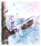  arm_up bird blue_sky boots border breasts cherry_blossoms cloud day flower glint hat holding lavender_hair letty_whiterock long_sleeves medium_breasts mountain purple_eyes scarf shirt short_hair sitting skirt sky snowflakes solo squirrel touhou tree tree_branch tsukiori_sasa vest 