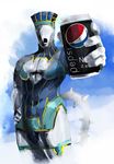  bare_shoulders blue_rose_(tiger_&amp;_bunny) blue_rose_(tiger_&amp;_bunny)_(cosplay) can cosplay hat ikuyoan male_focus parody pepsi_nex pepsiman product_placement solo superhero tiger_&amp;_bunny 