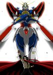  black_hair cape crossed_arms domon_kasshu fingerless_gloves g_gundam gloves glowing glowing_eyes god_gundam gundam hachimaki headband male_focus mecha open_mouth shouji_nigou 