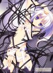  absurdres android arm_up armpits bare_shoulders black_legwear cable detached_sleeves entangled exit_tunes flat_chest front-tie_top garter_straps halterneck highres laces lying on_back panties polka_dot polka_dot_background purple_eyes silver_hair solo thighhighs tsurusaki_takahiro underwear white_panties 