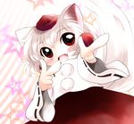  animal_ears fangs hat highres inubashiri_momiji red_eyes solo tail tokin_hat touhou white_hair wolf_ears wolf_tail yume_shokunin 