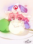  blue_dress blush_stickers chibi dango dress eating food hat heart kneeling minigirl pink_eyes pink_hair plate saigyouji_yuyuko short_hair solo stick touhou veil wagashi yuuji_(yukimimi) 