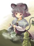  animal_ears bad_id bad_pixiv_id basket blush brown_dress capelet coffee_grinder coffee_maker_(object) dress gem grey_hair highres jewelry mouse mouse_ears nazrin necklace nise_nanatsura pendant pitcher red_eyes shirt short_hair smile solo table touhou water 
