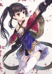  atelier_(series) atelier_totori banned_artist bare_shoulders black_eyes black_gloves black_hair breasts cleavage gloves mimi_houllier_von_schwarzlang open_mouth paseri polearm ponytail short_shorts shorts small_breasts solo thighhighs weapon white_legwear 