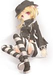  animal_ears bad_id bad_pixiv_id blonde_hair casual cat_ears character_request copyright_request hat highres red_eyes sakurea short_hair sitting smile solo striped striped_legwear thighhighs 