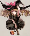  bad_id bad_pixiv_id blonde_hair bow broom broom_riding hat jack-o'-lantern long_hair original popompon riding sidesaddle solo witch witch_hat 
