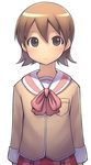  aaaa aioi_yuuko bow brown_eyes brown_hair expressionless long_sleeves looking_at_viewer nichijou pleated_skirt school_uniform serafuku simple_background skirt solo tokisadame_school_uniform white_background 