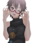  adjusting_eyewear breasts brown_eyes brown_hair eunos face glasses hands k-on! large_breasts manabe_nodoka one_eye_closed open_mouth red-framed_eyewear semi-rimless_eyewear short_hair sleeveless sleeveless_turtleneck smile solo turtleneck under-rim_eyewear 