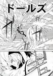  alice_margatroid bandages battle boots bow capelet comic doujinshi dress frills gloves greyscale highres monochrome morino_hon open_mouth sash short_hair touhou translated 