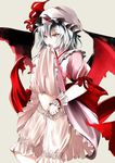  bat_wings bloomers dress dress_in_mouth dress_lift expressionless hat mouth_hold navel red_eyes remilia_scarlet ribbon shiina_shian short_hair silver_hair solo touhou tsurime underwear wings wrist_cuffs 