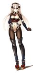  armor boots brown_eyes cleavage full_body_armor kyoukai_senjou_no_horizon layered_armour long_hair looking_at_viewer navel ribbons skin_tight thigh_high_boots white_hair 