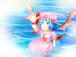  bad_id bad_pixiv_id bat_wings blue_hair dress frills harunohotaru hat looking_away looking_up open_hand open_mouth outstretched_arm partially_submerged reaching red_eyes remilia_scarlet ribbon solo touhou water wings wrist_cuffs 