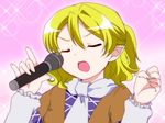  \m/ adaajt blonde_hair closed_eyes fingernails microphone mizuhashi_parsee music open_mouth pointy_ears scarf short_hair singing solo sparkle touhou 