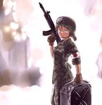  armband assault_rifle bandaid blue_eyes brown_hair flag gas_can gloves goggles gun helmet highres japan_ground_self-defense_force japan_self-defense_force jerry_can jgsdf_(camo) military military_uniform ponytail red_cross rifle senogawa sleeves_rolled_up smile uniform weapon 