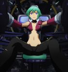  aquarion_evol blue_eyes captains_chair cleavage cockpit gloves green_hair interior joystick legs_apart looking_at_viewer navel screen_capture seated sousei_no_aquarion zessica_wong 