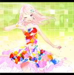  arm_up bad_id bad_pixiv_id bare_shoulders bracelet dress earrings hair_ornament happy_birthday jewelry long_hair one_eye_closed original pink_hair purple_eyes sleeveless sleeveless_dress smile solo ume_(plumblossom) 