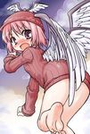  akou_roushi alternate_costume barefoot blush bottomless feet hat looking_back mystia_lorelei naked_sweater no_pants open_mouth pink_eyes pink_hair ribbed_sweater short_hair soles solo sweater toes touhou wings 