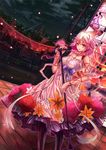  bare_shoulders black_legwear breasts dress guilty_crown hair_ornament hairclip highres jianren long_hair looking_at_viewer medium_breasts microphone microphone_stand music pink_hair red_eyes screen singing solo thighhighs tokyo_tower twintails yuzuriha_inori 