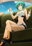  aquarion_evol blue_eyes boots cleavage crossed_legs cuffs green_hair interior navel screen_capture sitting sousei_no_aquarion yellow_hair_ribbon zessica_wong 