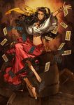  barefoot black_hair breasts card carmen_(opera) carmen_(opera)_(character) cleavage dark_skin darkness_in_wonderland earrings grin hair_ribbon jewelry lips long_hair medium_breasts midriff mugishirako navel playing_card ribbon smile solo 