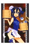  :d absurdres apron asagiri_asagi bare_shoulders black_eyes black_hair bun_cover china_dress chinese_clothes disgaea double_bun dress hair_between_eyes hair_ornament hairclip happy harada_takehito highres nippon_ichi no_panties official_art open_mouth prinny ribbon short_hair smile solo thigh_ribbon tray 