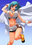  aquarion_(series) aquarion_evol blue_eyes bouncing_breasts breasts cleavage cleavage_cutout gradient gradient_background green_hair kaisen_chuui large_breasts looking_at_viewer midriff navel no_socks open_mouth short_hair short_shorts shorts simple_background solo wrist_extended zessica_wong 