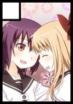  black_border blonde_hair blush border bow brown_eyes circle_cut funami_yui hair_bow multiple_girls nanamori_school_uniform open_mouth purple_hair school_uniform serafuku short_hair smile toshinou_kyouko umekichi yuru_yuri 