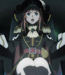  blue_eyes cutlass katou_marika knees_together looking_off_camera monmouth_cap mouretsu_pirates pirate_outfit screen_capture sitting slop_(pirate_clothing) tassels viewer_looking_up waistcoat wide_belt 
