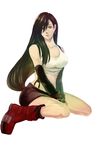  bare_shoulders books brown_hair detached_sleeves final_fantasy final_fantasy_vii gloves looking_at_viewer tifa_lockhart white_background 