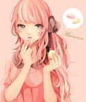  bow dress eating food grey_eyes hair_bow long_hair macaron megurine_luka pink_dress pink_hair side_ponytail solo tama_(songe) vocaloid 