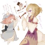  blonde_hair chocolate directional_arrow dress fingernails gap ghost hat hitodama japanese_clothes long_hair lowres multiple_girls nail_polish no_hat no_headwear pink_hair purple_eyes saigyouji_yuyuko short_hair touhou translated triangular_headpiece yakumo_yukari younger yujup 