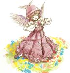  animal_ears closed_eyes dress flower full_body hands_on_own_chest hat mystia_lorelei open_mouth red_hair shiba_itsuki sitting sketch smile solo touhou white_background wings 