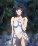  amagami brown_hair exterior looking_at_viewer onsen rocks screen_capture sitting smile steam tanamachi_kaoru towel trees 