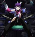  aquarion_evol captains_chair cockpit despair gloves green_eyes interior joystick looking_at_viewer mikono_suzushiro purple_hair screen_capture seated sousei_no_aquarion 