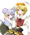  adaajt animal_ears blonde_hair capelet cheese food grey_hair hair_ornament mouse_ears mouse_tail multiple_girls nazrin open_mouth red_eyes ribbon short_hair skirt smile sweatdrop tail tears toramaru_shou touhou yellow_eyes 