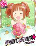  :d ^_^ artist_request bouquet brown_hair card_(medium) character_name closed_eyes dress field flower flower_(symbol) idolmaster idolmaster_(classic) idolmaster_cinderella_girls jpeg_artifacts non-web_source official_art open_mouth short_twintails smile solo star takatsuki_yayoi twintails wedding_dress 