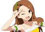  1girl arm_garter brown_hair idolmaster long_hair looking_at_viewer minase_iori pointing_up smile spaghetti_strap wink 