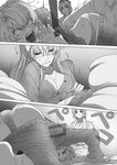  &gt;_&lt; all_fours ass blush bowing breasts caught cleavage closed_eyes comic doujinshi fangs greyscale hand_in_panties highres imizu_(nitro_unknown) large_breasts monochrome multiple_girls pajamas pajamas_pull panties pillow reisen_udongein_inaba scan tears touhou unbuttoned underwear yagokoro_eirin 