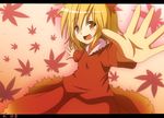  aki_shizuha blonde_hair character_name do_(4-rt) dress hair_ornament leaf leaf_hair_ornament leaf_on_head letterboxed open_mouth outstretched_arms short_hair smile solo touhou yellow_eyes 