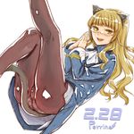  animal_ears blonde_hair blush cat_ears crotch_seam glasses highres long_hair military military_uniform panties panties_under_pantyhose pantyhose perrine_h_clostermann solo soxkyo strike_witches tail trefoil underwear uniform world_witches_series yellow_eyes 