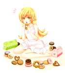  bad_id bad_pixiv_id blonde_hair blush_stickers doughnut dress fang food legs long_hair monogatari_(series) nisemonogatari oshino_shinobu pastry_box pointy_ears sitting solo sotogawa_max wariza yellow_eyes 