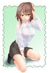  anti_(untea9) bare_shoulders belt blush breasts brown_hair earrings hand_in_hair highres jewelry kneeling large_breasts open_mouth original short_hair shorts socks solo sweatdrop yellow_eyes 