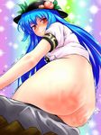  1girl :&gt; bent_over blue_hair bottomless food from_behind fruit hat hinanawi_tenshi long_hair looking_back looking_over_shoulder oshiri posterior_cleavage red_eyes slap_marks smile smiling solo spanking sparkliong touhou trembling 