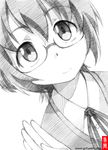  dutch_angle glasses gofu greyscale monochrome ore_no_imouto_ga_konna_ni_kawaii_wake_ga_nai school_uniform short_hair solo spot_color tamura_manami traditional_media 