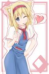  :p alice_margatroid animal_ears blue_eyes capelet card cat_ears ebi_senbei hairband heart highres kemonomimi_mode one_eye_closed playing_card solo tongue tongue_out touhou 