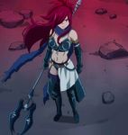  armor bare_shoulders cleavage erza_knightwalker facial_scar fairy_tail navel red_hair scarf staff top_looking_down weapon zettai_ryouiki 