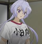  looking_off_camera purple_eyes screen_capture senhime_zessho_symphogear senki_zesshou_symphogear t-shirt translation_request violet_hair 