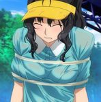  acting amagami blue_shirt blush brown_hair eyes_closed screen_capture sun_visor tanamachi_kaoru tentical_bound tenticals wet 