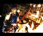  blue_hair earrings fate/stay_night fate_(series) fire gae_bolg hayase_jun jewelry lancer letterboxed long_hair male_focus polearm ponytail red_eyes solo spear weapon 